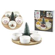 Trade Shop - Set Antipastiera 5 Posti Per Antipasti Di Natale Con Base In Bamboo Coppette In Ceramica -