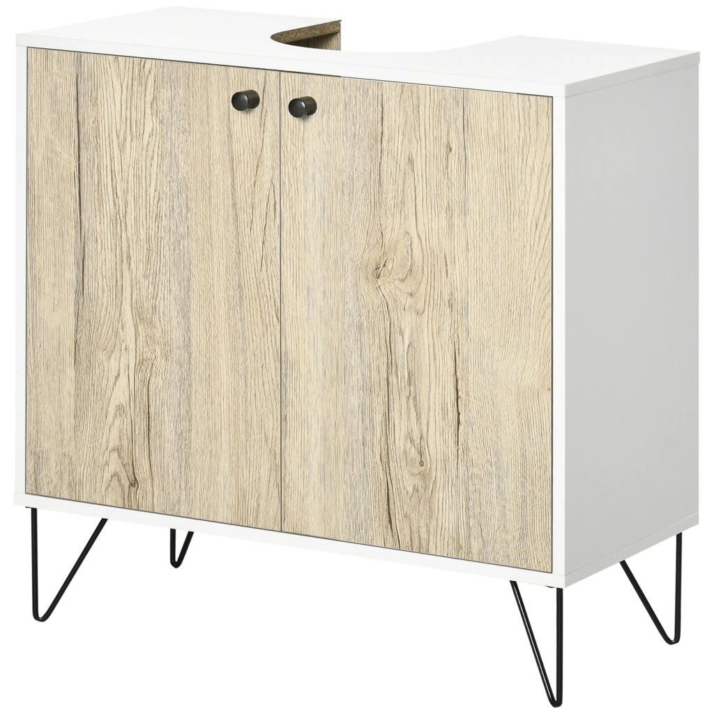 Mobile Sottolavabo Bagno con 2 Ante e Piedi Acciaio ¨C zephmum ¨C Bianco e Legno 60x30x60 cm