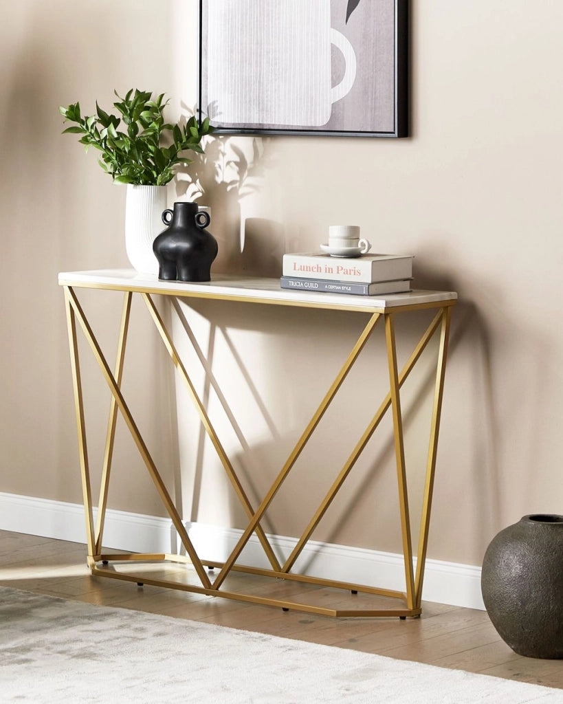 Tavolo consolle rettangolare in MDF e metallo  effetto marmo bianco e oro stile moderno glam