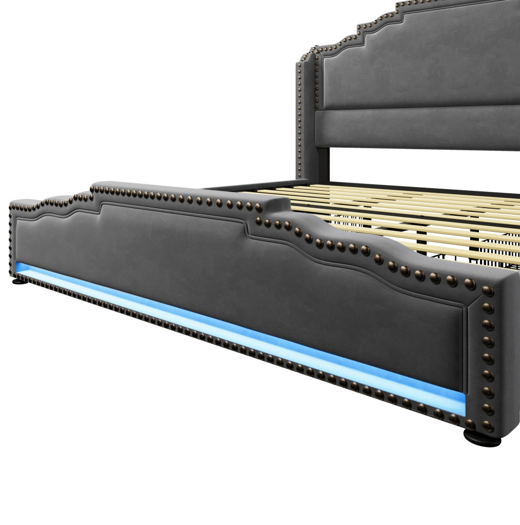 Letto matrimoniale 180x200 cm in velluto grigio con LED; USB e 4 cassetti