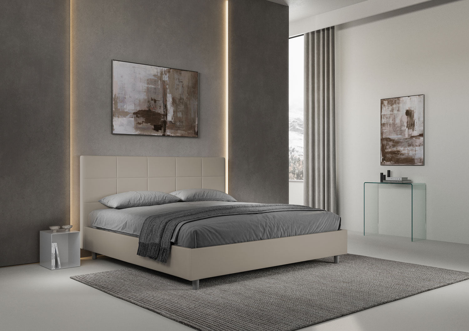 Letto Matrimoniale King Size 200x210 cm con Rete Imbottito in Similpelle Mika Tortora