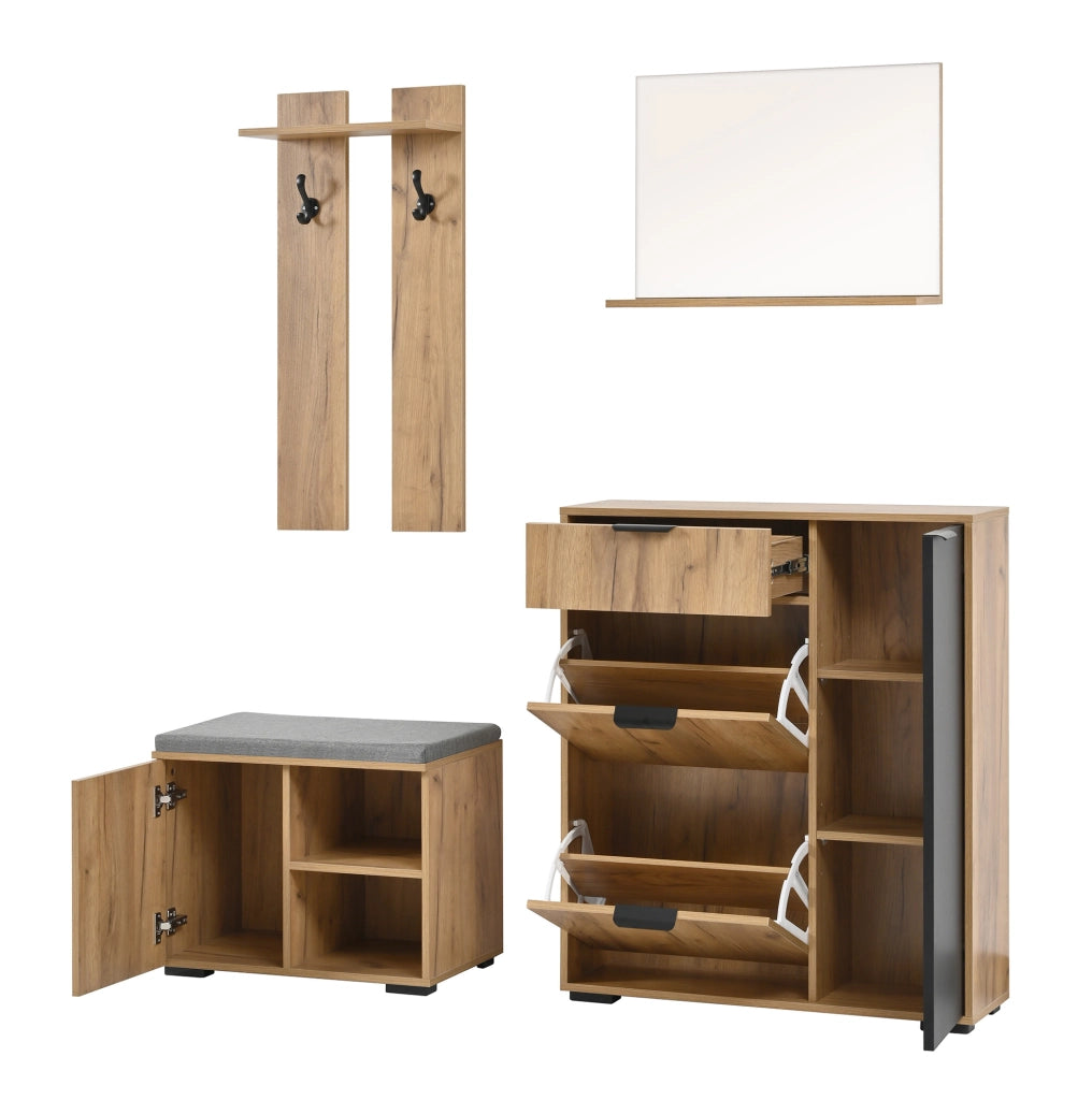 Set guardaroba da ingresso con panca scarpiera; specchio e appendiabiti 140x35x139 cm in truciolare naturale e nero