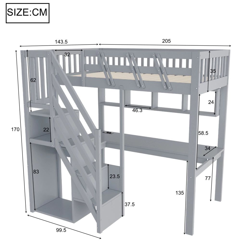 Letto a soppalco 90x200 cm con scala contenitore; scrivania; USB e LED; legno massello grigio