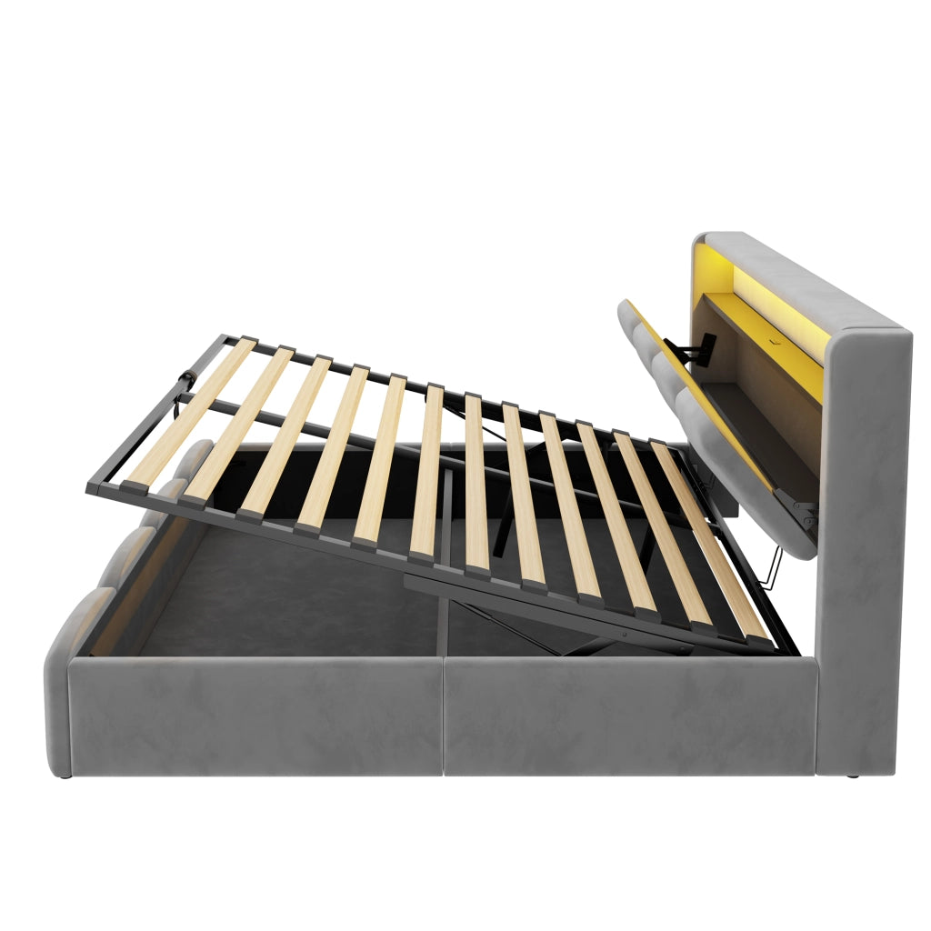 Letto imbottito 140x200 cm con contenitore idraulico e LED in velluto grigio