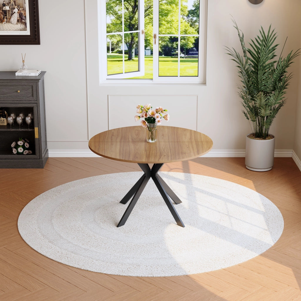 Tavolo da Pranzo Rotondo ¨C MINIMAL ¨C Noce MDF, Gambe Nere a X, 110 cm