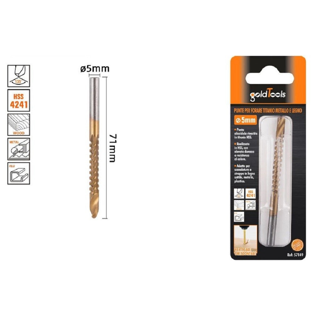 Trade Shop - Punta Trapano Elicoidale ø5mm X 71mm In Titanio Hss 4241 Per Metallo Legno 57149 -