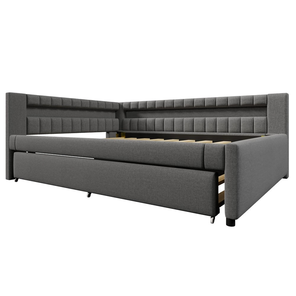 Letto Giorno con Letto Estraibile e LED ¨C MINIMAL ¨C Tessuto Grigio 140x200