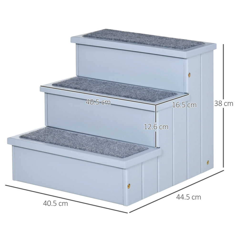 Scala per animali domestici a 3 gradini con portaoggetti e feltro antiscivolo in legno grigio 40,5 × 44,5 × 38 cm