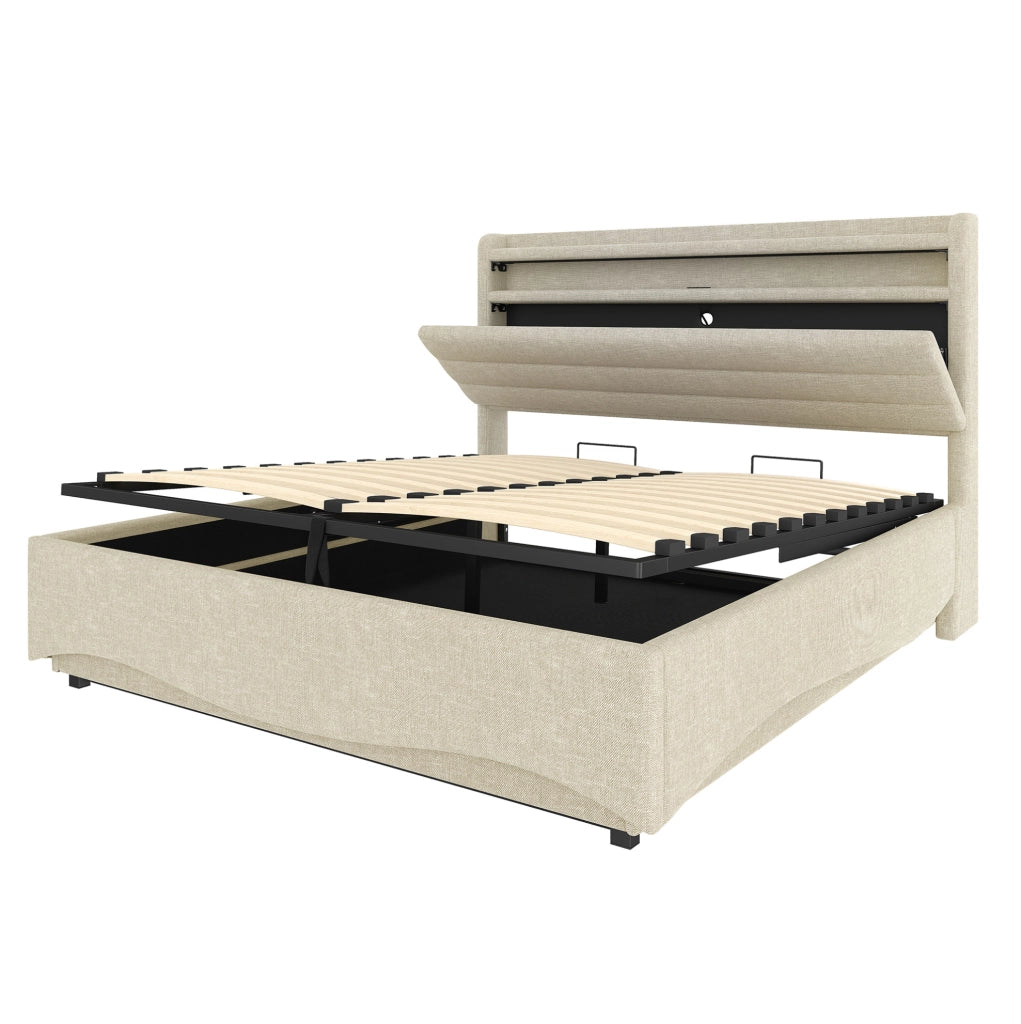 Letto imbottito 140x200 cm con contenitore idraulico; LED; USB e Type-C; in lino beige
