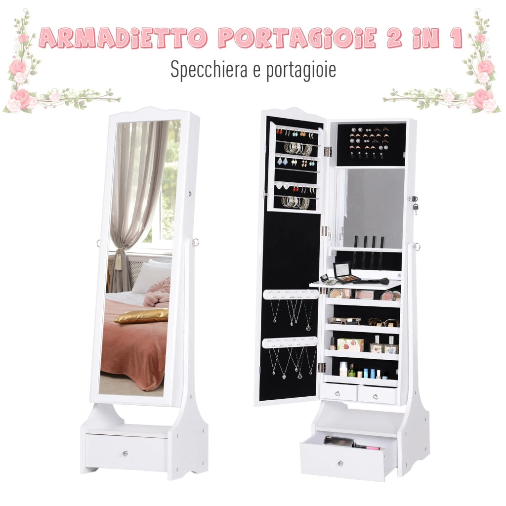 EasyComfort LED Portagioie Armadio per Gioielli con Specchio con Base a Cassettiera cassetto Organizzatore Gioielli e Accessori 45x36x150 cm