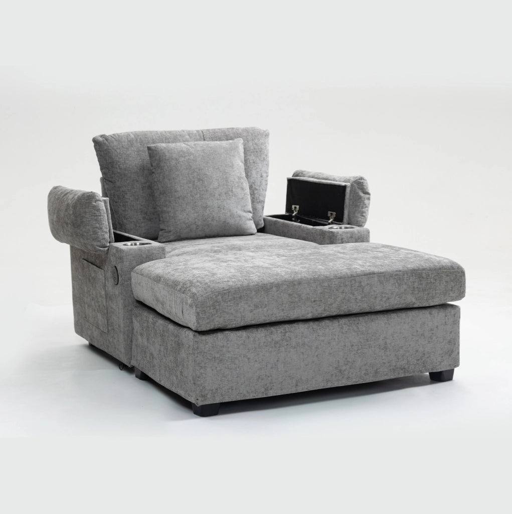 Poltrona relax convertibile in divano letto con portabicchieri; chenille grigio