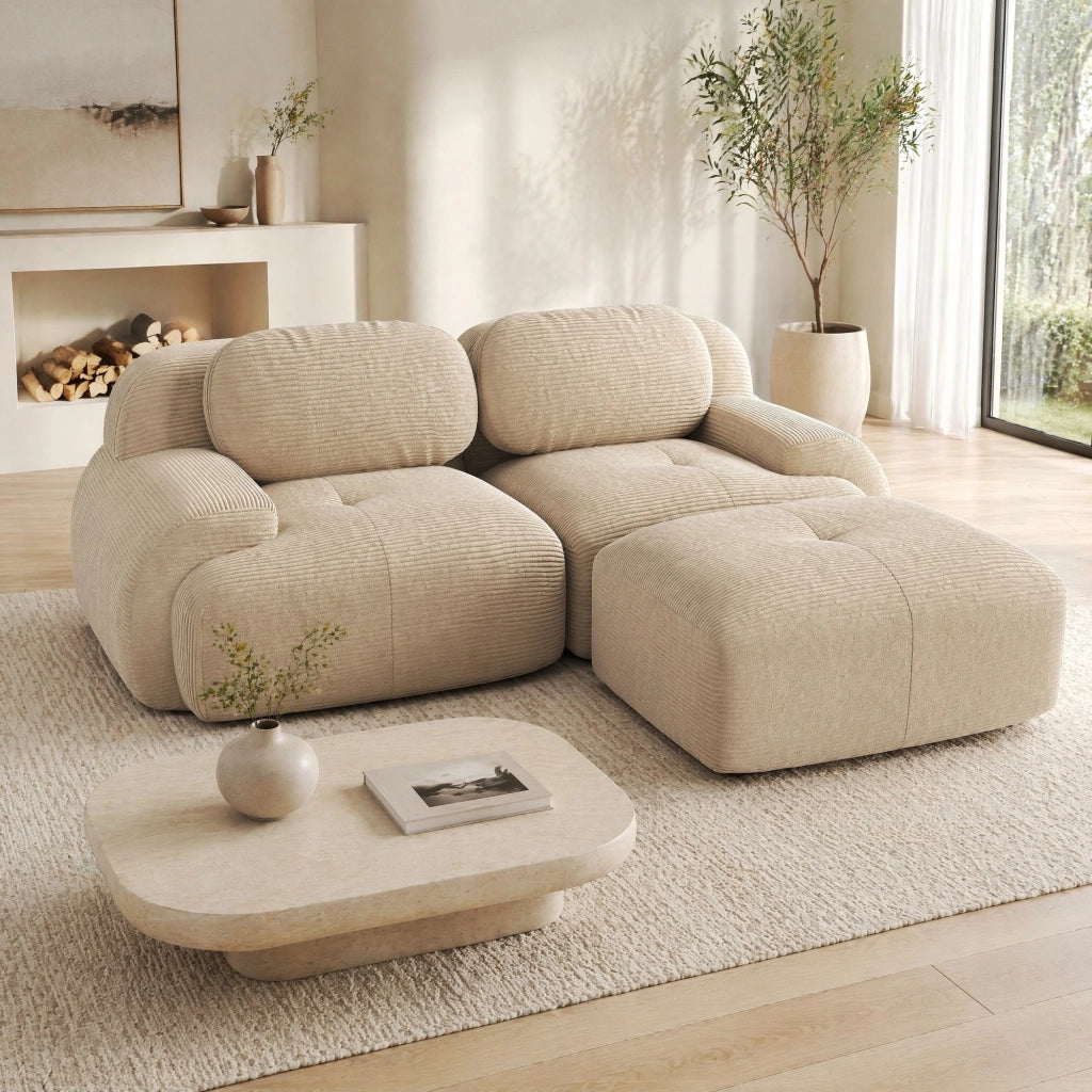 Divano angolare modulare 208x178x70 cm in tessuto a coste beige; senza montaggio