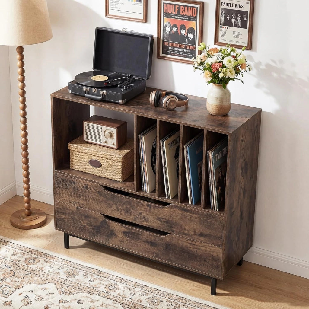 Supporto per giradischi, in vinile con scomparti aperti, 4 divisori, gambe in metallo e cassetto, supporto per dischi in legno, per sala musica e soggiorno (marrone)
