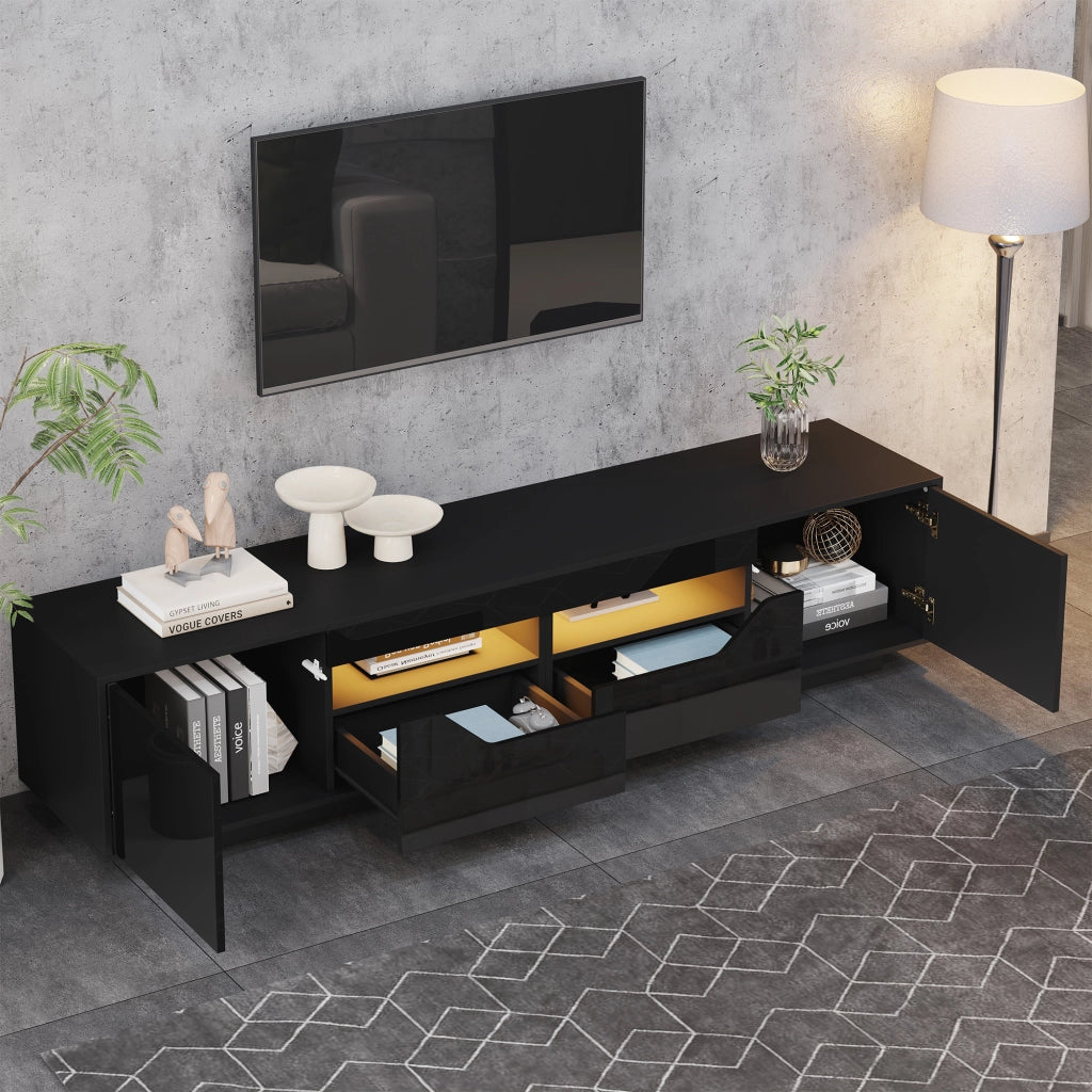 Mobile porta TV con LED, 2 cassetti, 2 vani aperti e 2 ante, finitura lucida, per soggiorno, nero, 180 × 40 × 45 cm