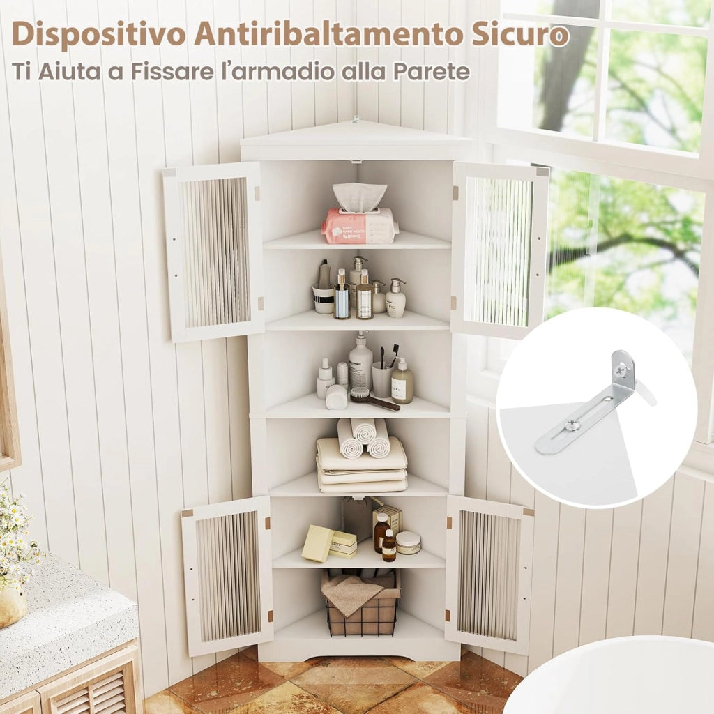 Armadio Angolare 66 x 35 x 171 cm, Mobile Bagno Triangolare Salvaspazio con 4 Ante in Vetro Temperato e Ripiani Regolabil, Mobile Angolare per Soggiorno, Cucina e Sala da Pranzo