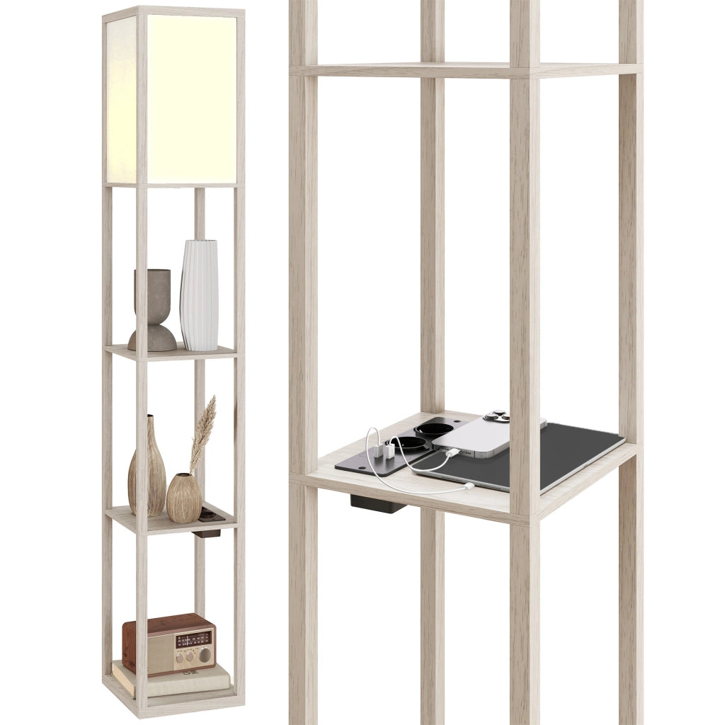 Lampada da Terra con Ripiani, Luce Regolabile, Interruttore a Pedale e Porte USB, Bianco e Rovere