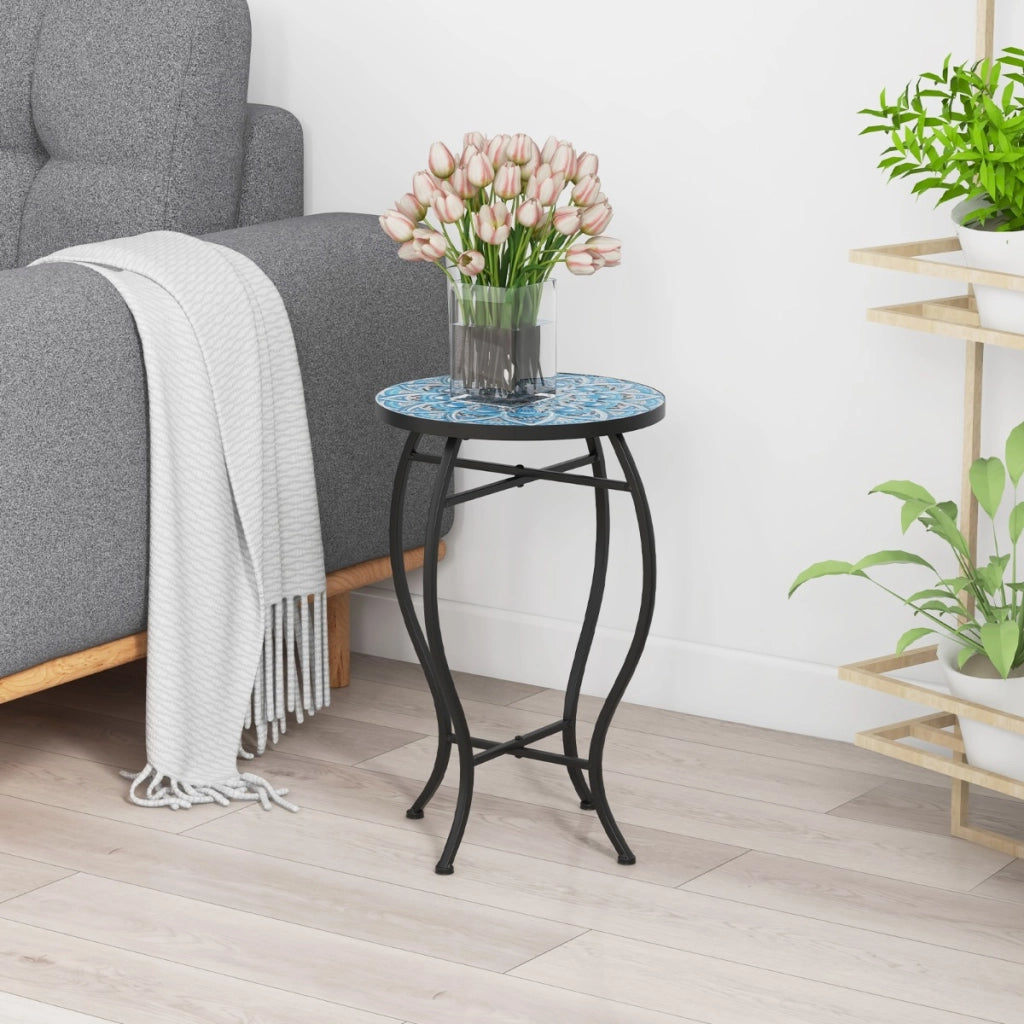 Tavolino laterale per patio con mosaico decorativo, Tavolino rotondo da 35cm con piano in piastrelle di ceramica-Scaffali per piante