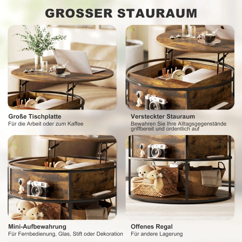 Tavolino basso sollevabile rotondo con vano contenitore e ripiano, legno marrone, diametro 80 cm, h 47-61,5 cm