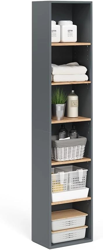 Mobile alto Viktor, Antracite/quercia dorata, 40.2 x 188.6 cm, utilizzabile per la conservazione verticale di accessori da bagno