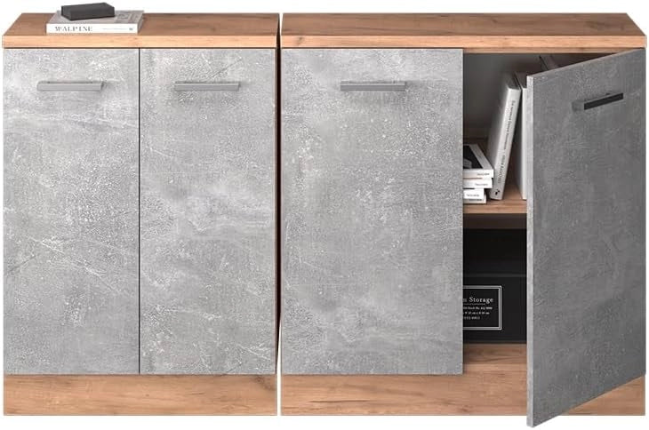 Set di mobili sottotetto Rion, Calcestruzzo, 140 cm Set di 2 carcasse armadio profondità 60 cm, adatto per il salvaspazio sotto tetti spioventi
