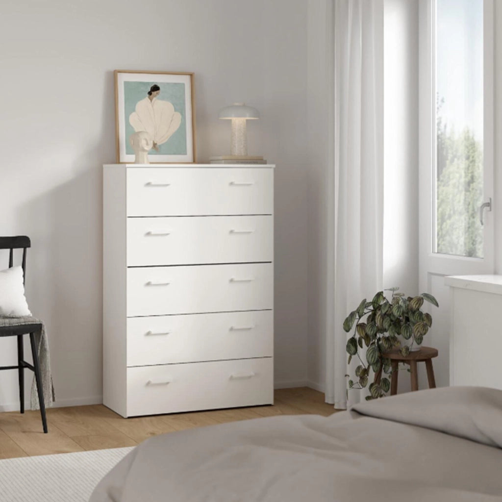 Cassettiera a cinque cassetti con maniglie, colore bianco, Misure 74 x 114 x 36 cm