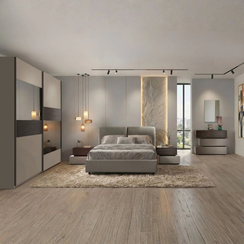 Camera da letto Kendra con letto contenitore imbottito e armadio 2 ante scorrevoli con specchi colore tortora noce