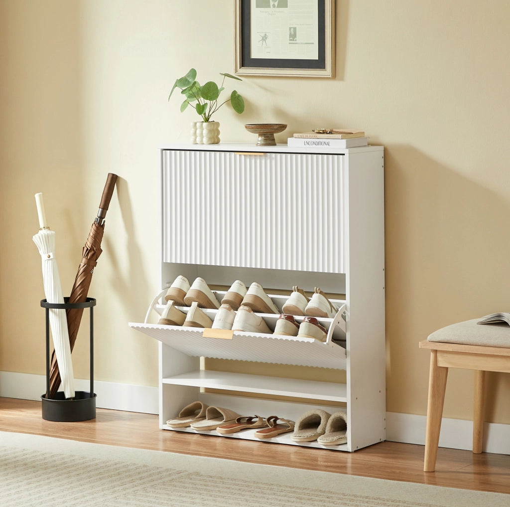 Scarpiera stretta 80x24 cm in MDF bianco con frontale scanalato per ingresso
