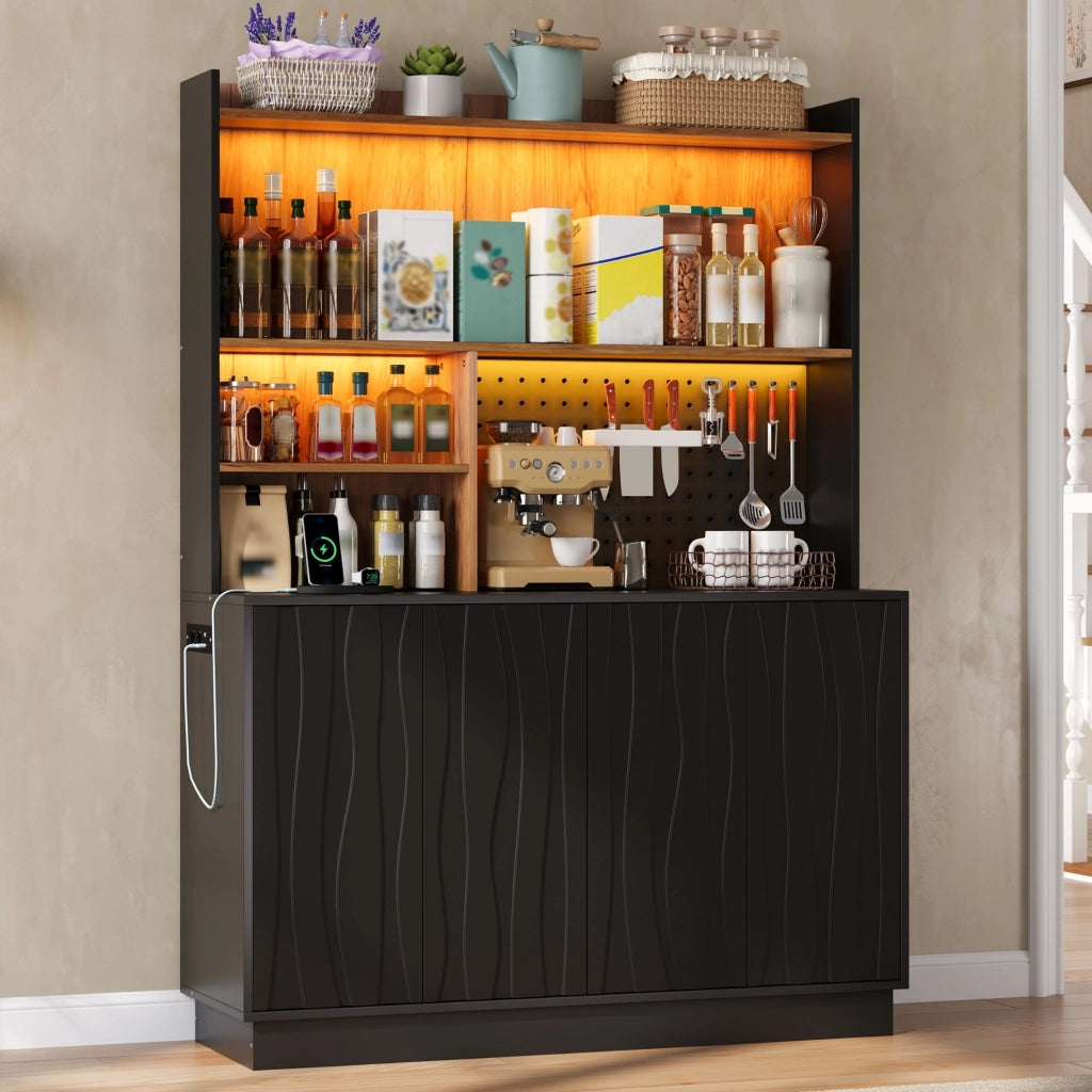 Mobile da cucina con LED RGB e prese USB; 120x43x160 cm in MDF nero e naturale