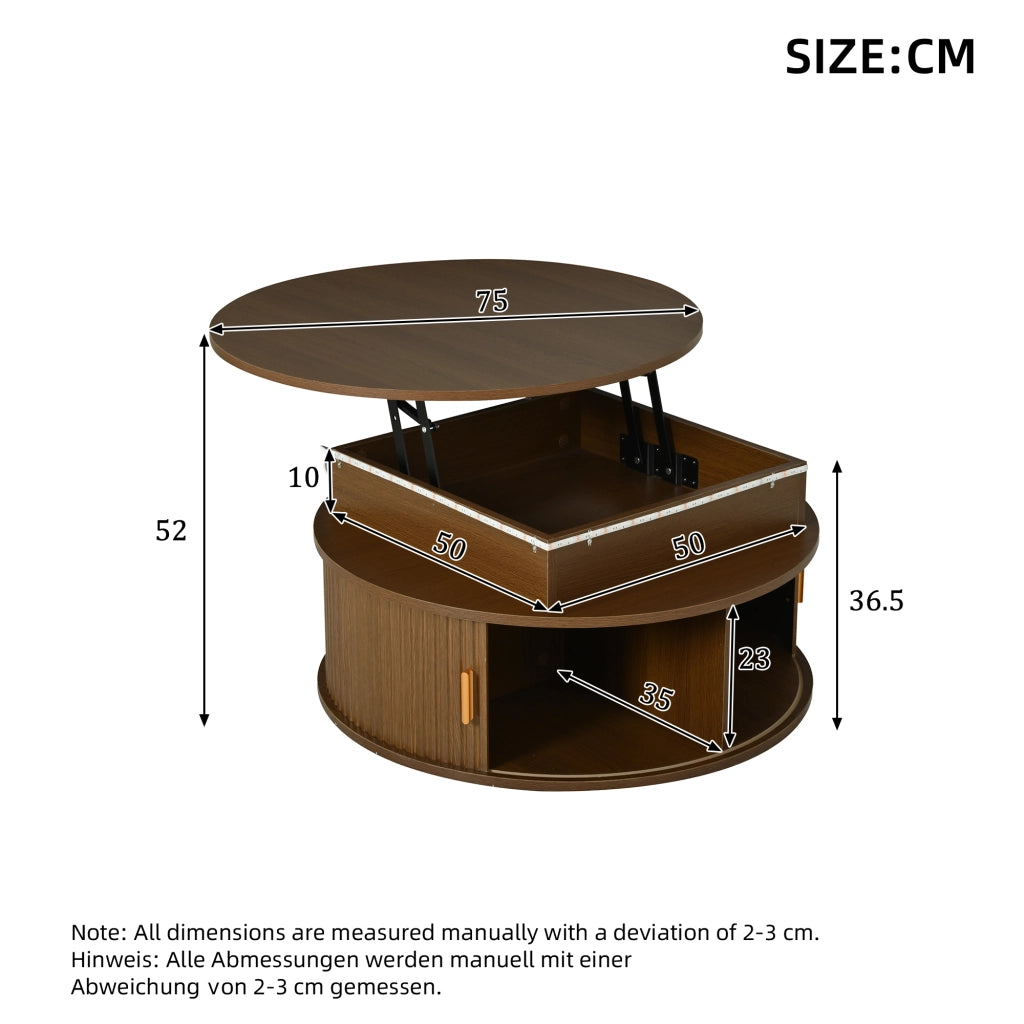 TAVOLO CENTRO rotondo 75 cm regolabile in altezza con LED, MDF color noce