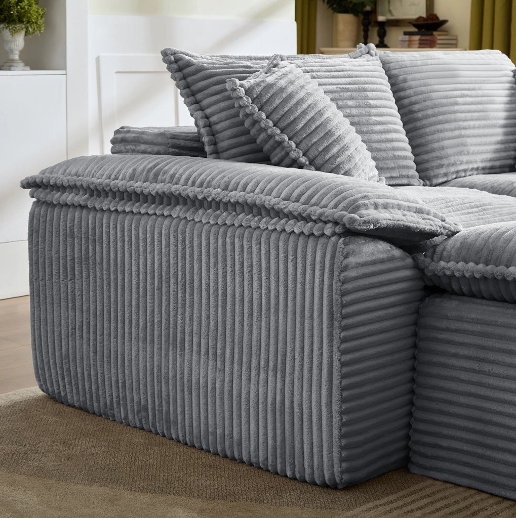 Divano 2 posti con pouf 206x158x88 cm in tessuto effetto corda grigio