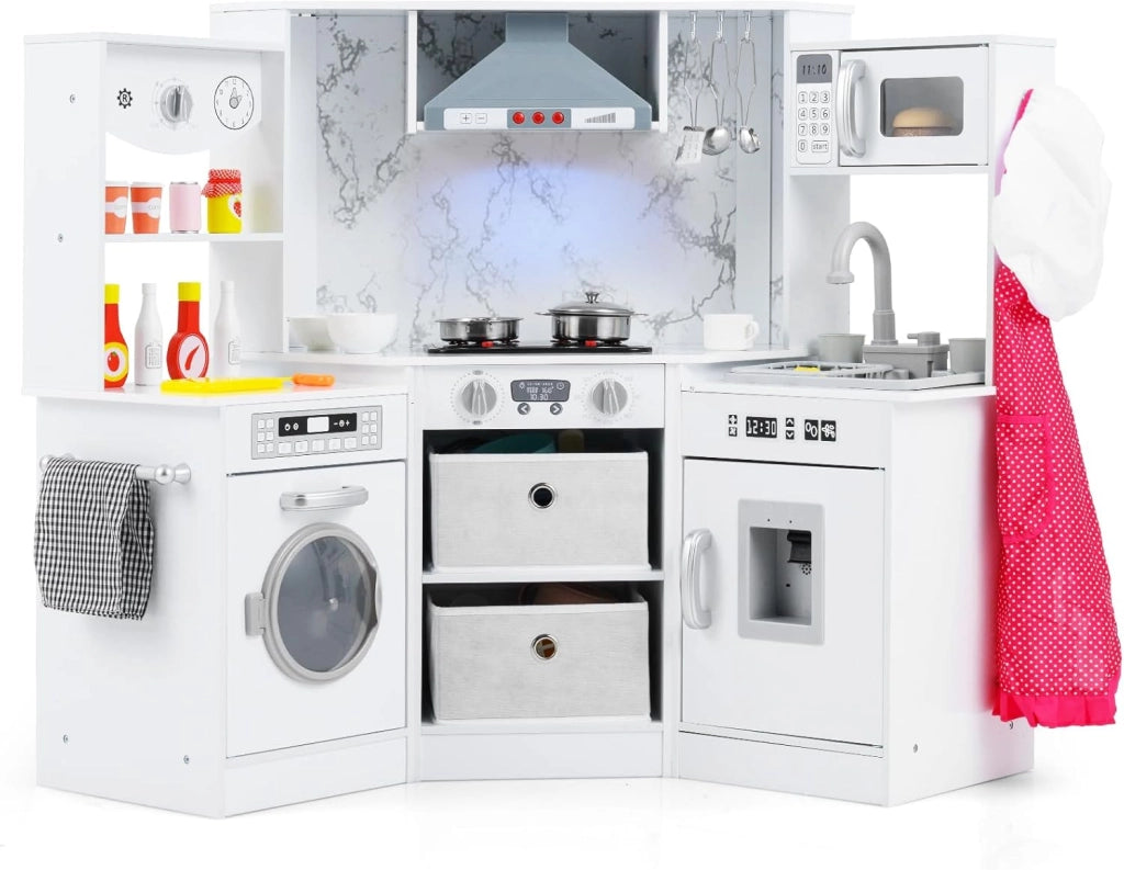 Cucina Giocattolo per Bambini, Set Cucina in Legno con Accessori, Luci e Suoni, Cappa, Fornelli, Microonde e Lavatrice, per Bambini 3+ Anni, 102 x 51 x 85 cm (Rosa)