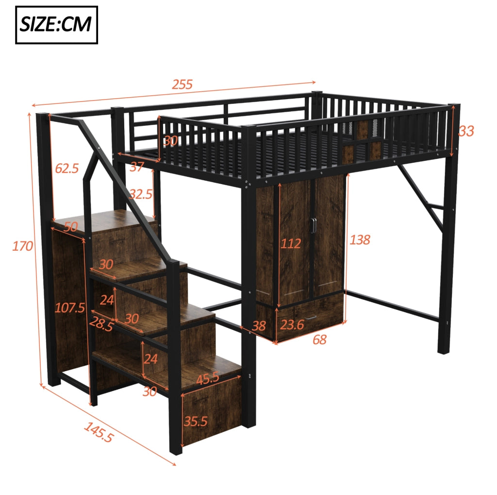 Letto a soppalco 140x200 cm in metallo e legno; nero; con armadio e scala contenitore