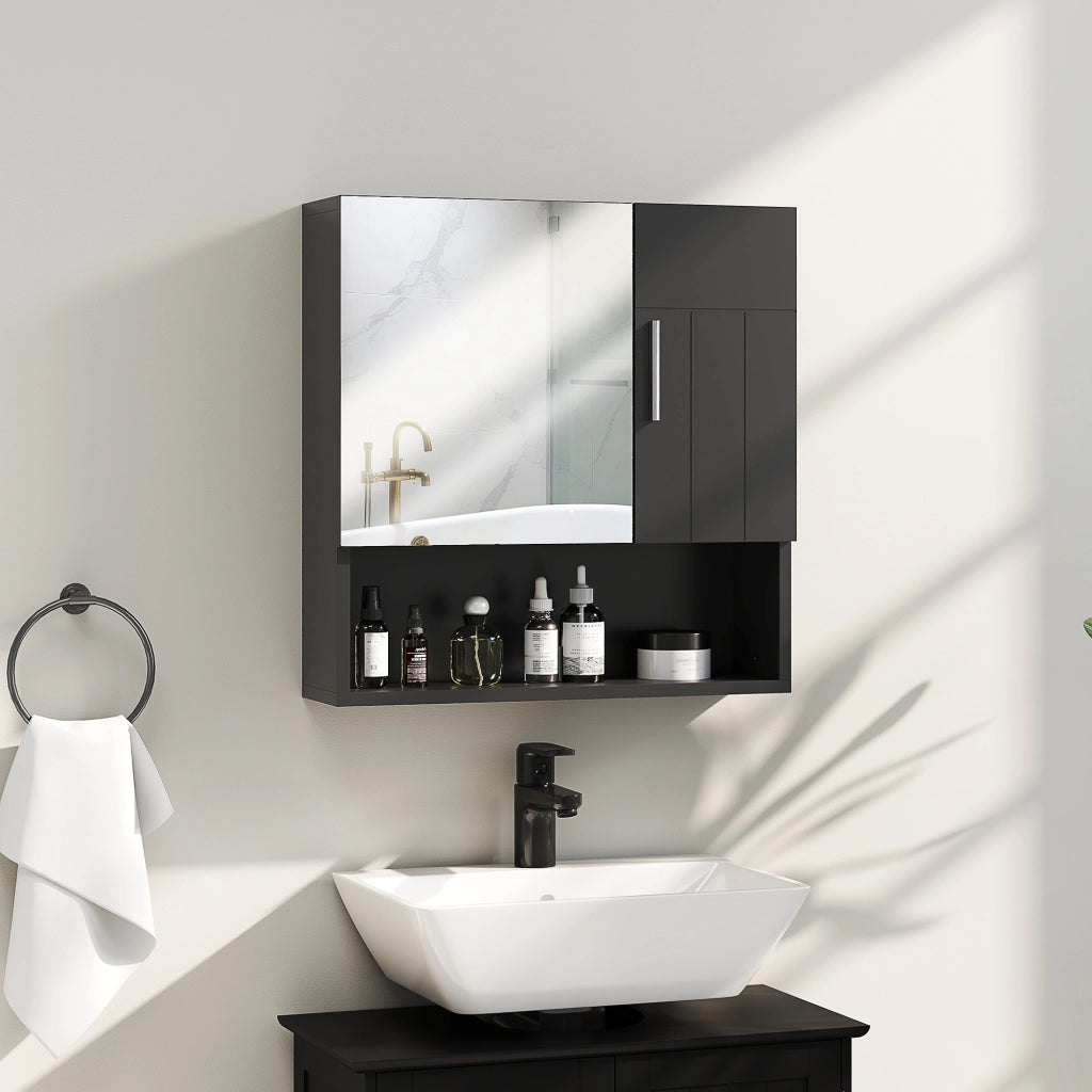 Armadietto Specchiera Bagno in Legno con Mensole Regolabili e Ripiano Aperto, 54x15.2x55.3 cm, Nero