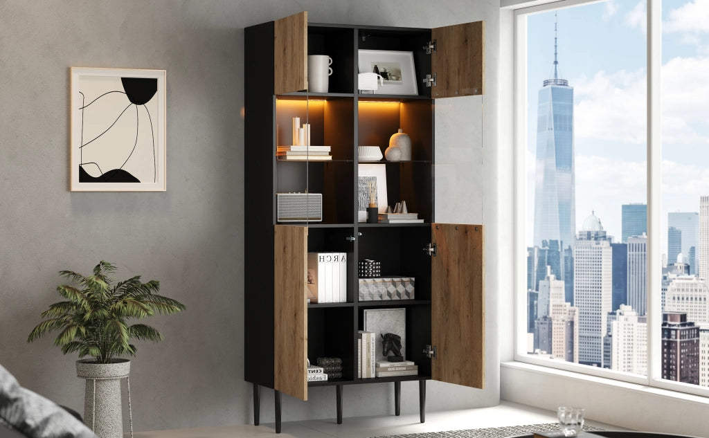 Credenza e madia con 2 ante in vetro temperato, 10 vani, LED, per soggiorno, nero e legno naturale, 80 × 35 × 180 cm
