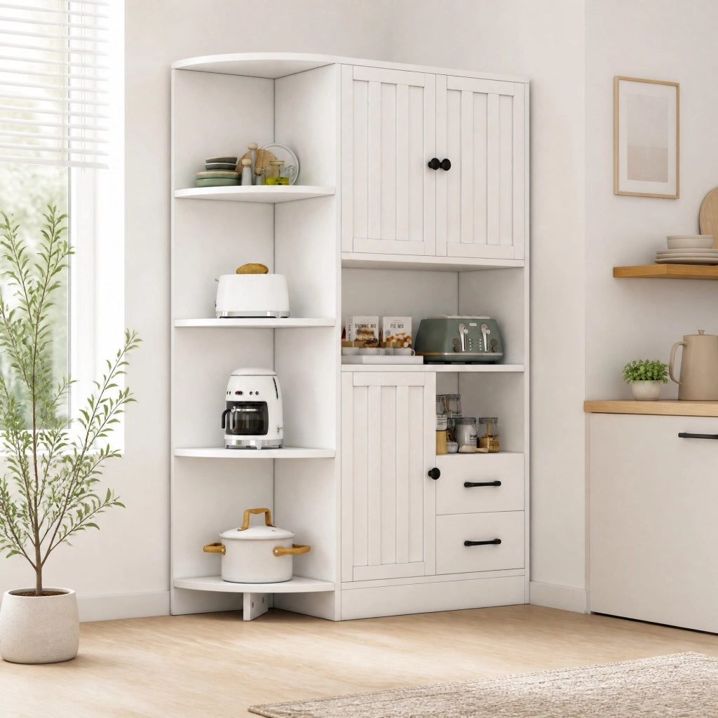 Vetrina angolare 104 x 35 x 155 cm con 3 vani chiusi; 2 cassetti e 6 vani aperti; bianca
