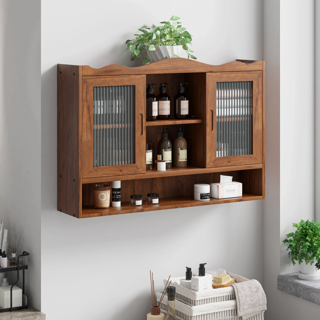 Pensile con 2 Ante Scorrevoli e 3 Ripiani Rimovibili; Stile Retrò; in Legno Massello e Vetro; 90×20×60 cm; Marrone