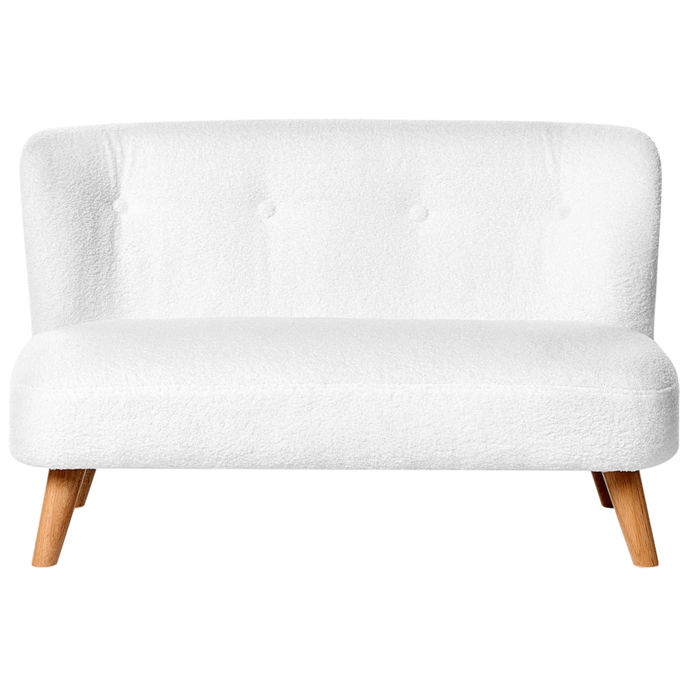 Divano per bambini bianco imbottito in bouclé con braccioli, divano moderno per bambini