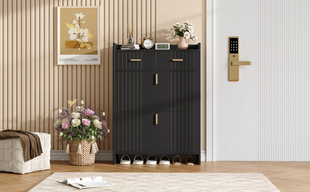 Scarpiera salvaspazio con 2 ante a ribalta, 1 cassetto e vano aperto, nero, 75x24x108,5 cm