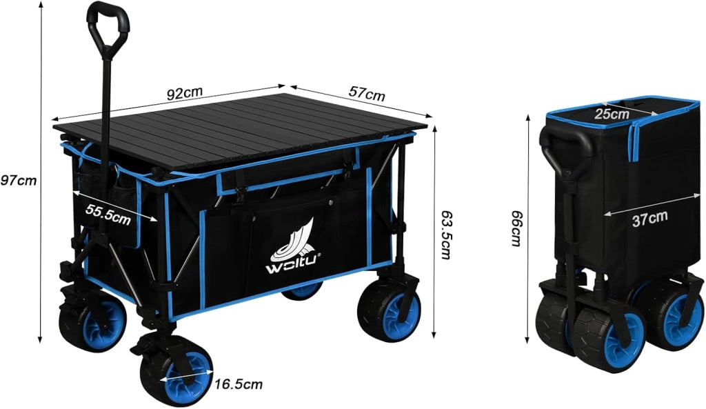 Carrello Pieghevole con Ruote da Spiaggia con Piano e Maniglia, Carrello da Giardino, Campeggio, Spesa, Borsa di Trasporto, Oxford+Acciaio, Nero+Blu