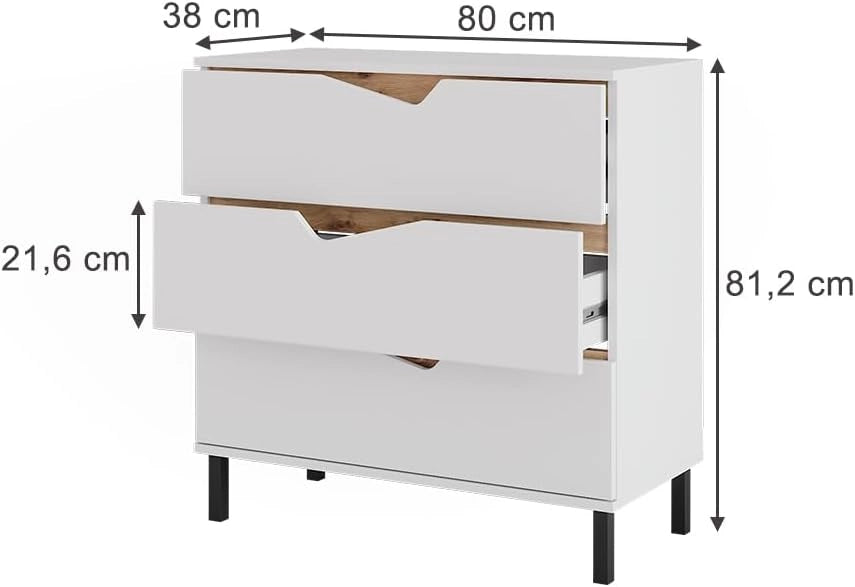 Cassettiera per camera da letto Marelle, Bianco/Artisan, 80 x 81.2 cm con 3 cassetti, adatto per riporre abbigliamento e accessori