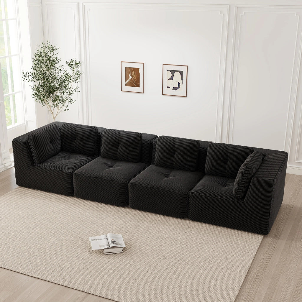 Divano angolare modulare in velluto a coste 386x104x69 cm; nero; senza montaggio
