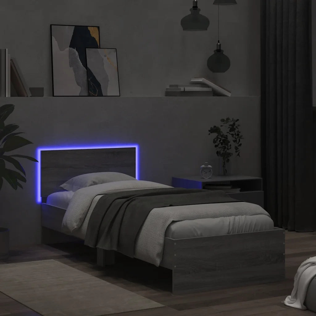 Giroletto con Testiera e LED-Struttura Letto con testiera Grigio Sonoma 90x190 cm
