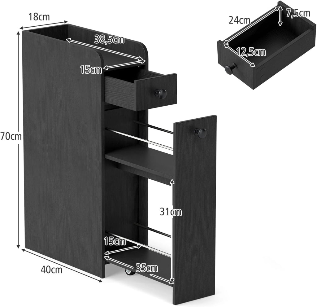 Mobile da Bagno Piccolo, Mobiletto Salvaspazio Stretto con 2 Cassetti e 2 Ruote Girevoli, Credenza Sottile da Terra Autoportante per Bagno, Cucina e Ufficio, 40 x 18 x 70 cm (Nero)