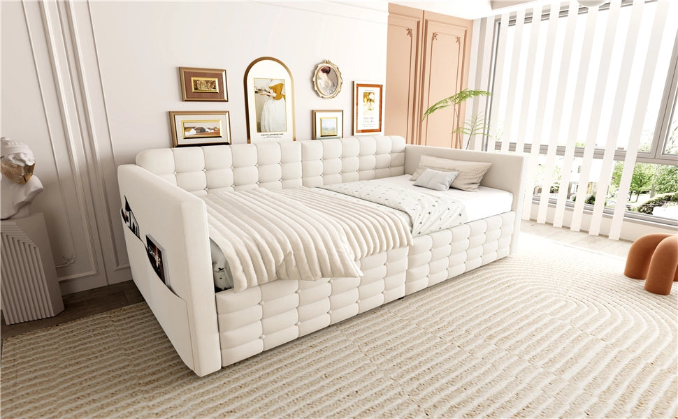 DESMIU Lit simple 90 × 190 cm con 2 cassetti, tasche laterali, senza materasso, in velluto, beige