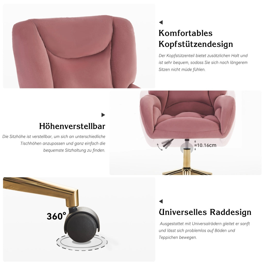 sedia da ufficio girevole regolabile in altezza con ruote a 360Â° design ergonomico in velluto rosa