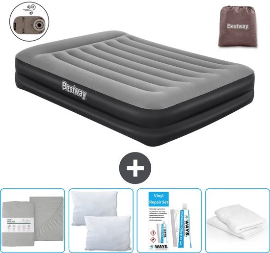 Airbed 2 Persone - 152 x 203 x 46 cm - Grigio - Incluso pompa - Telo di protezione - Cuscino - Cuscino protettore e Kit di riparazione