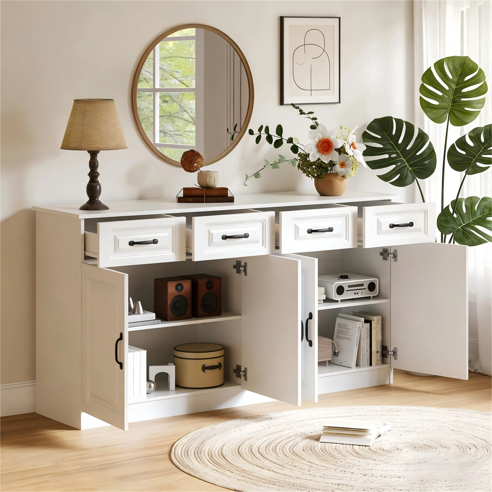 Credenza Bianca con Cassetti e Ante in MDF ¨C MINIMAL ¨C 160 cm, Design Moderno per Soggiorno