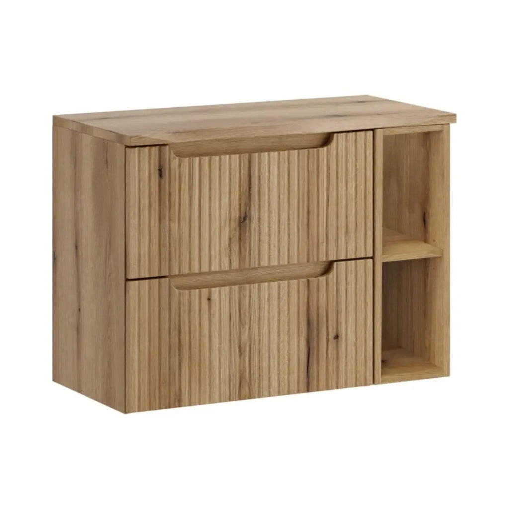 Insieme VANO rovere chiaro 80cm: mobile sottolavabo con cassetti e nicchie a vista + piano per lavabo + colonna