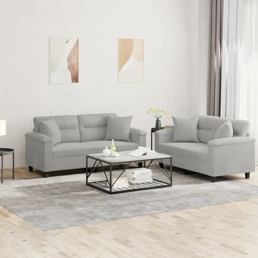 Set Divani 2 pz con Cuscini Grigio Chiaro in Tessuto Microfibra 3202327