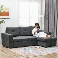 Divano Letto 3 Posti con Funzione Letto e Chaise Longue, Grigio Scuro